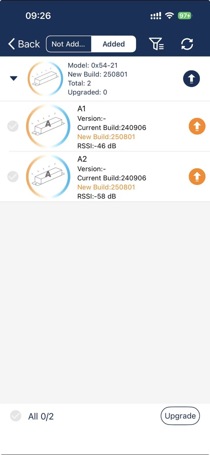 Spiral Engineering Light Upgrade screen listing devices by firmware type with current build, new build and RSSI