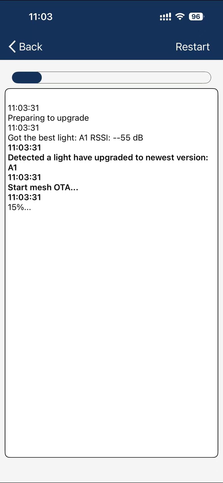 Mesh OTA progress screen showing the upgrade log and progress bar