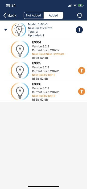 Light Upgrade screen with orange buttons to update individual devices